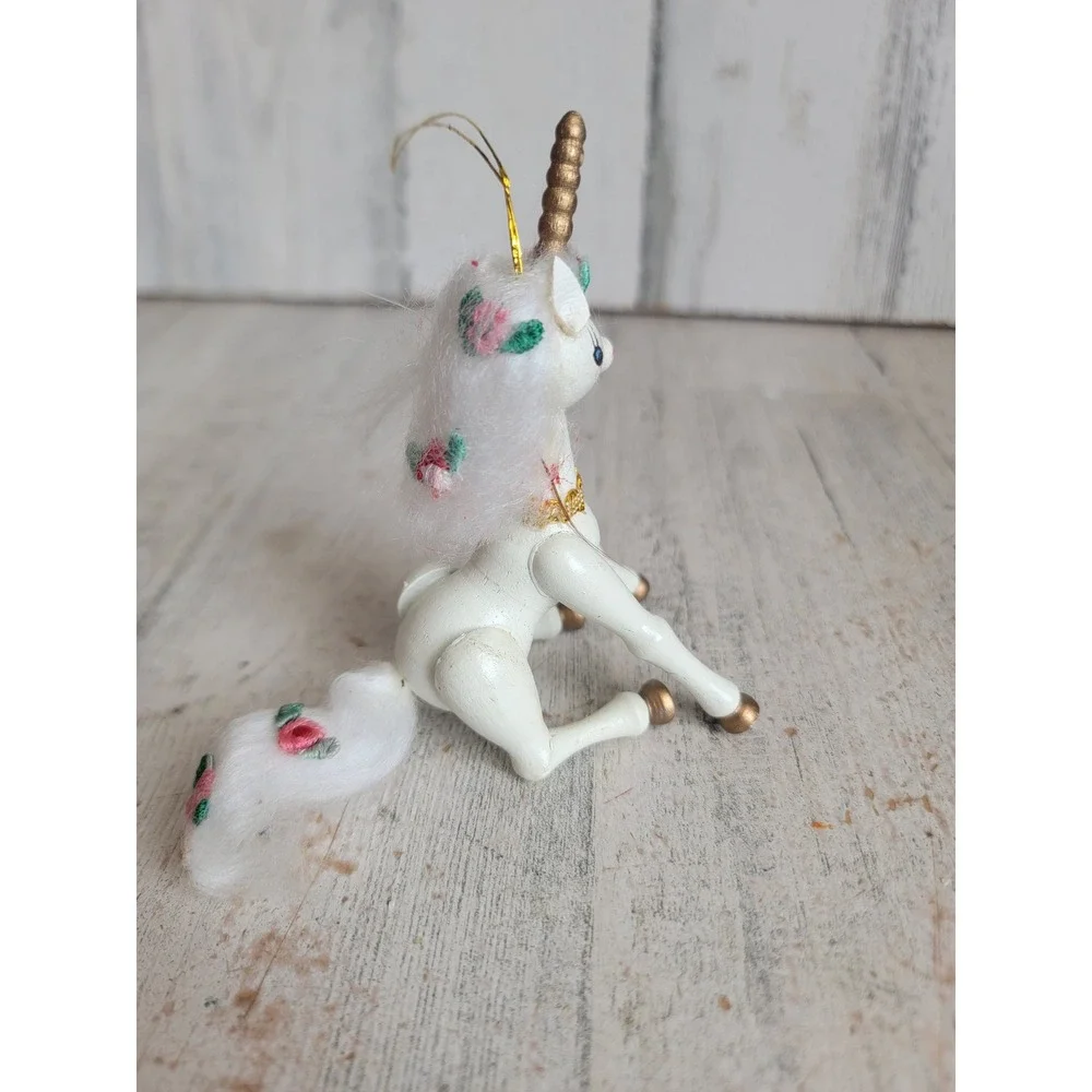 Vintage Kurt Adler unicorn sitting wooden ornament Xmas flower figure